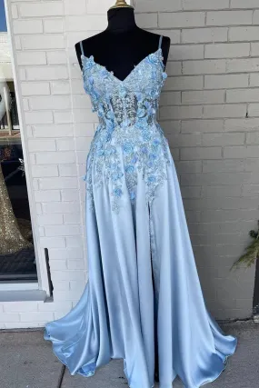 Light Blue A-line 3D Flowers Satin Long Prom Dress SH385