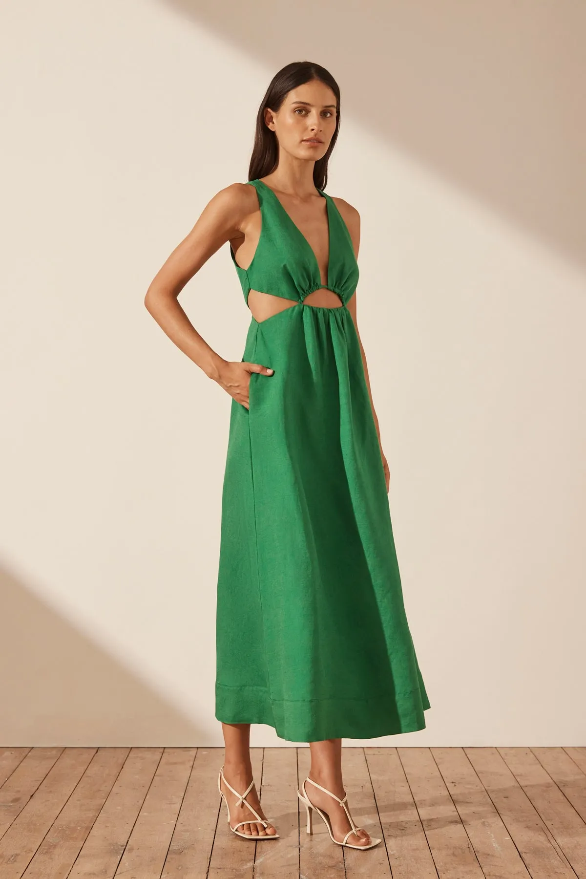 MARE LINEN V NECK CUT OUT MIDI DRESS - TREE GREEN