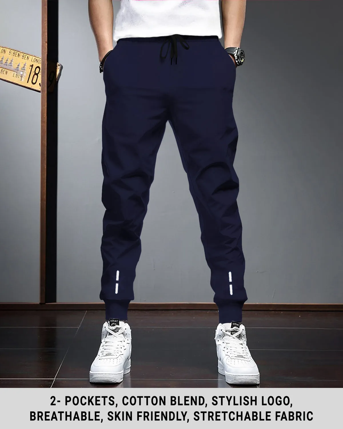 Men Navy Blue Cuffed Ankles Drawstring TrackPant