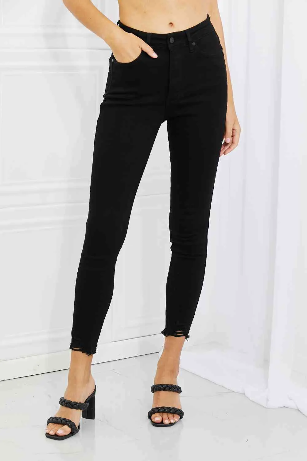 Mila Full Size High Waisted Shark Bite Hem Skinny Jeans