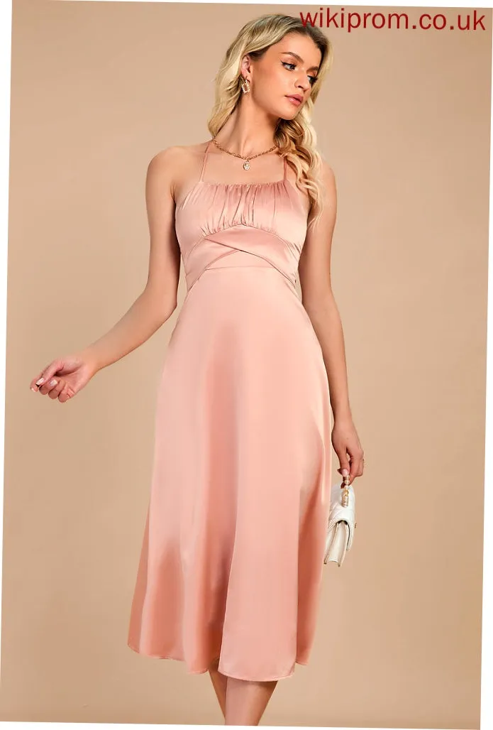 Neck Club Dresses A-line Elegant LuLu Satin Midi Round Sleeveless Dresses