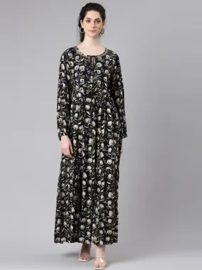 Neerus Black Floral Printed Maxi Dresses