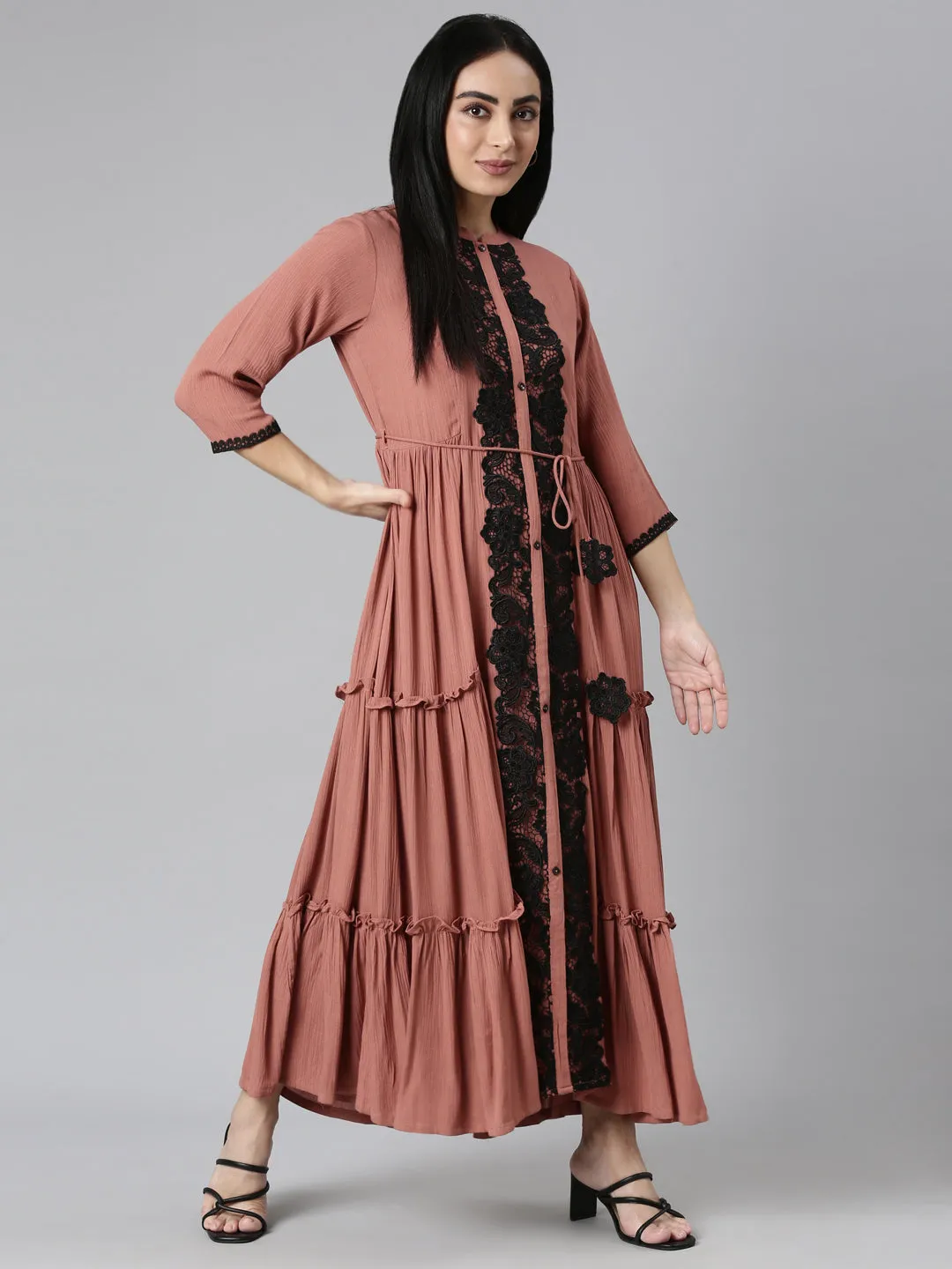 Neerus Brown Flared Casual Solid Maxi Dresses