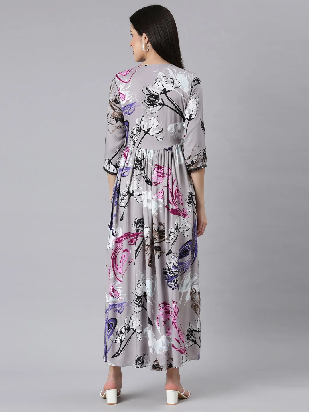 Neerus Gray Asymmetric Casual Floral Maxi Dresses