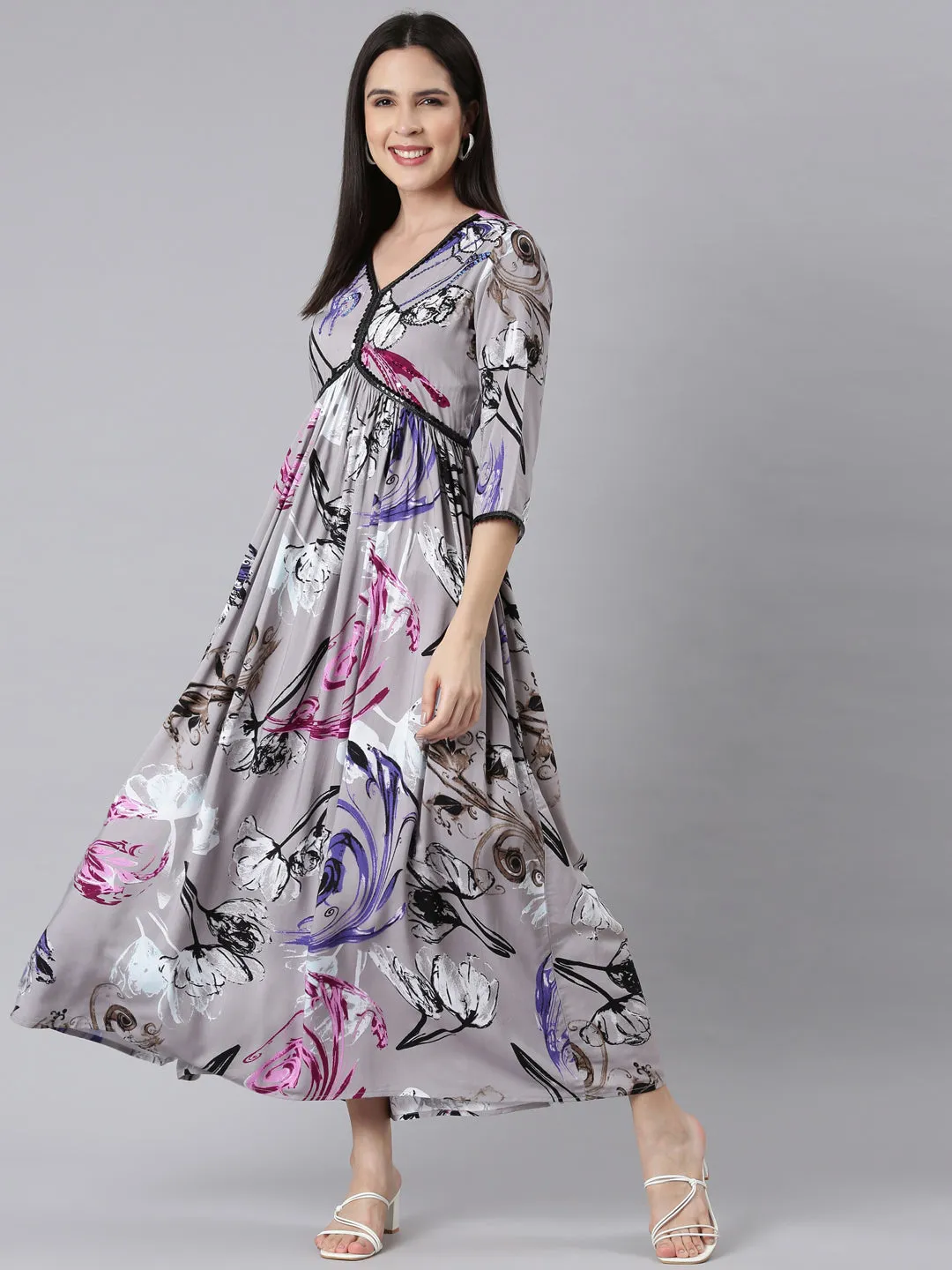 Neerus Gray Asymmetric Casual Floral Maxi Dresses