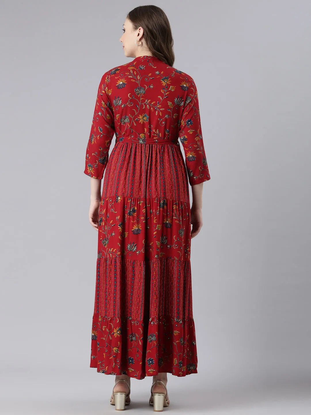 Neerus Red Viscose Rayon Straight Casual Floral Maxi Dresses