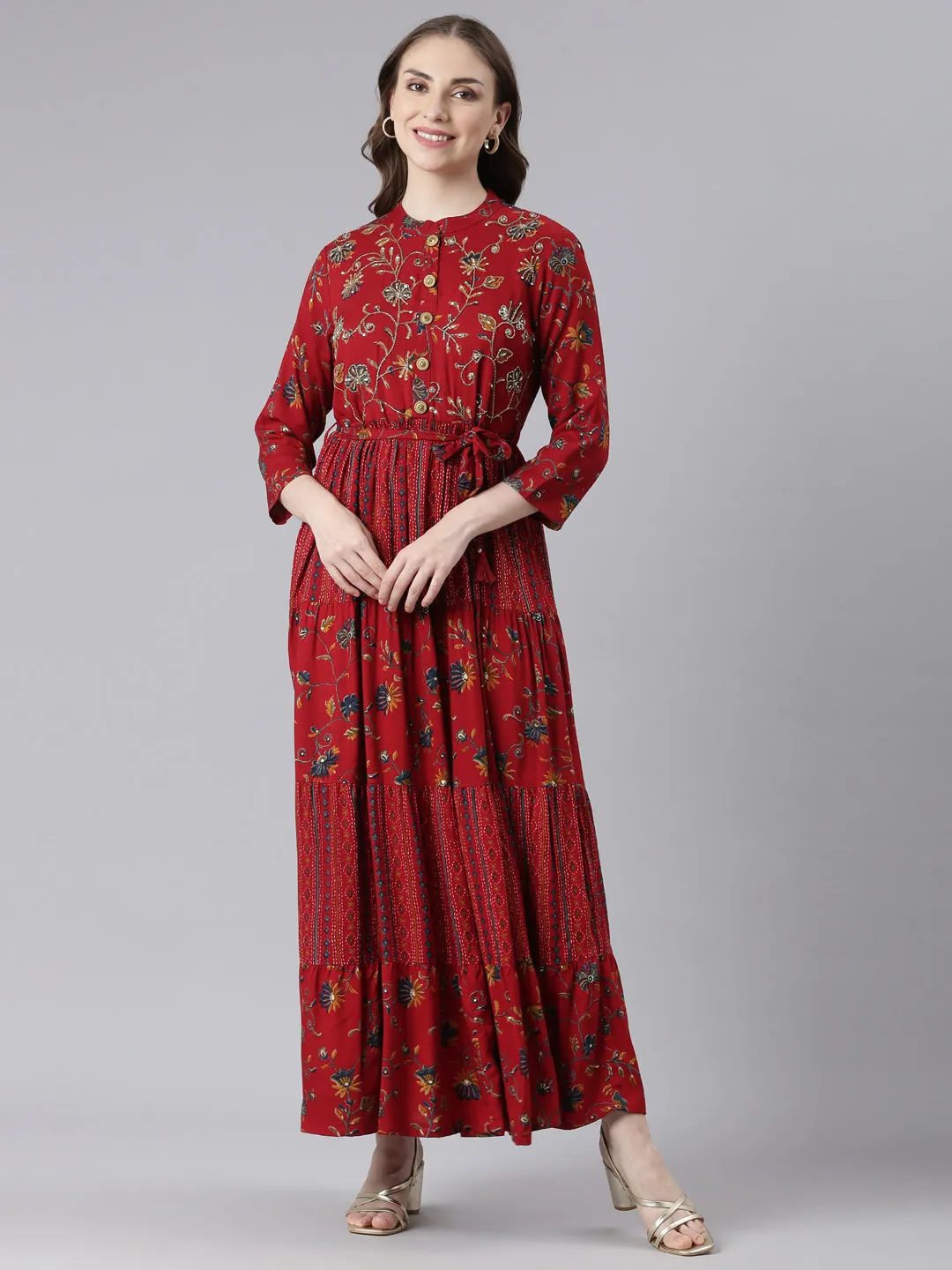 Neerus Red Viscose Rayon Straight Casual Floral Maxi Dresses