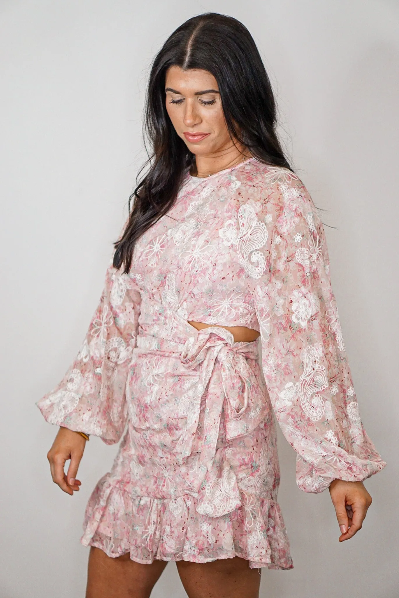 Paisley Embroidered Pink Wrap Dress