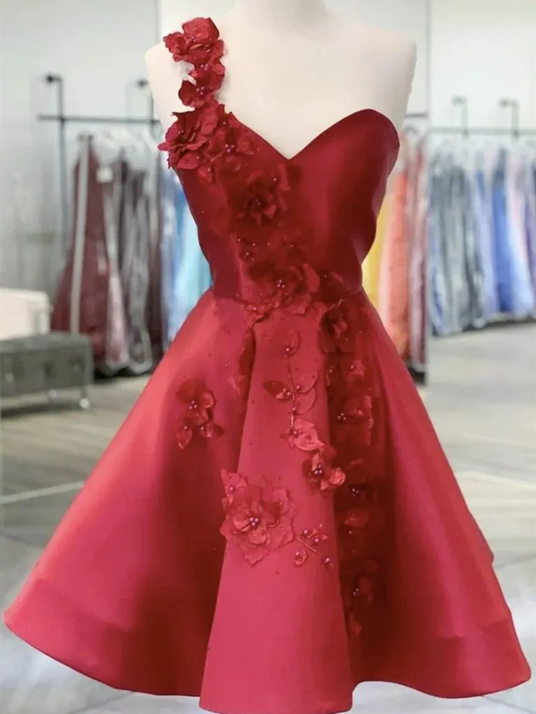 Red Ball Gown Hand-Made Flowers Satin One Shoulder Sleeveless Short Homecoming Dresses