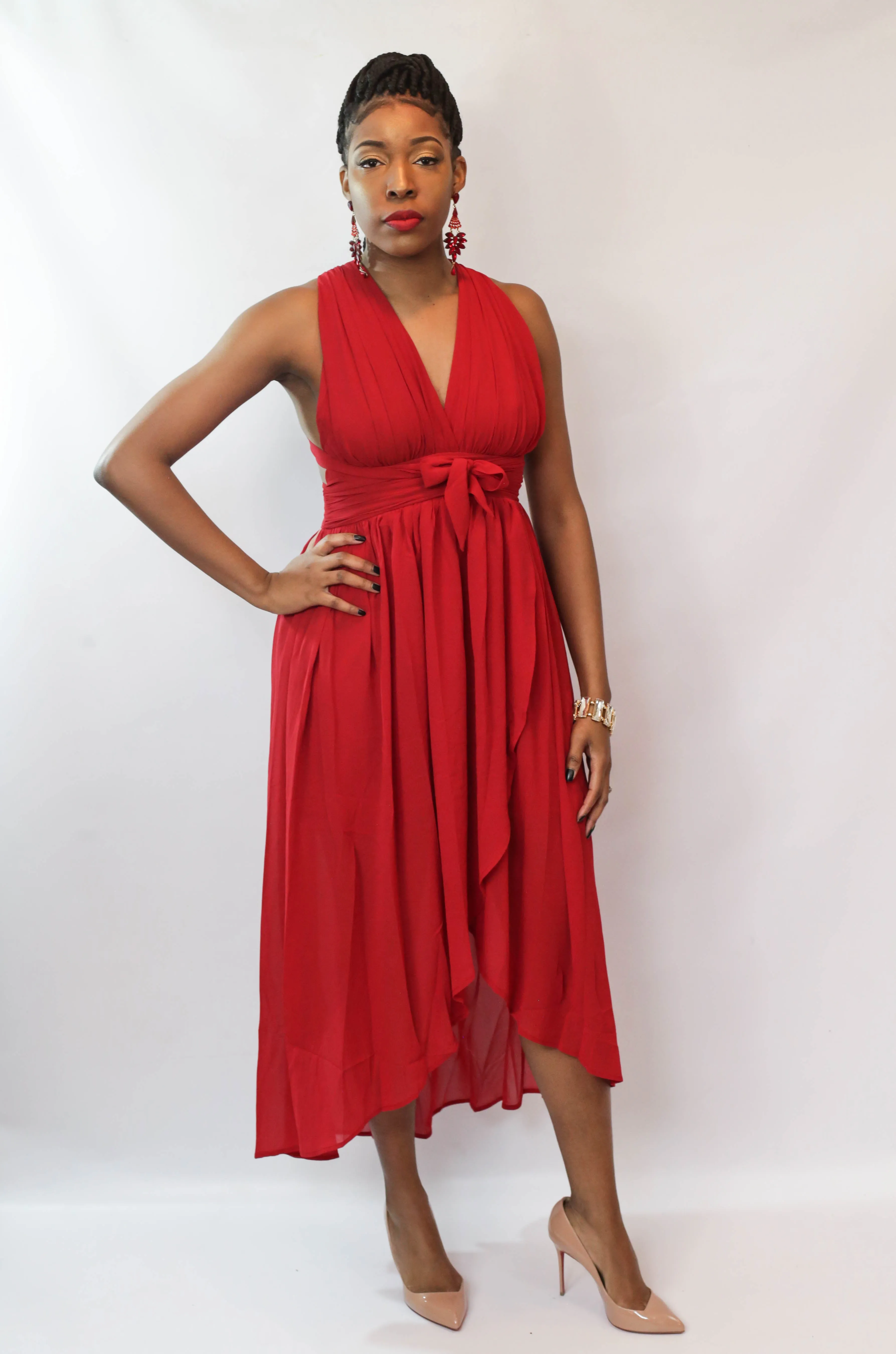 Red Halter Midi Dress