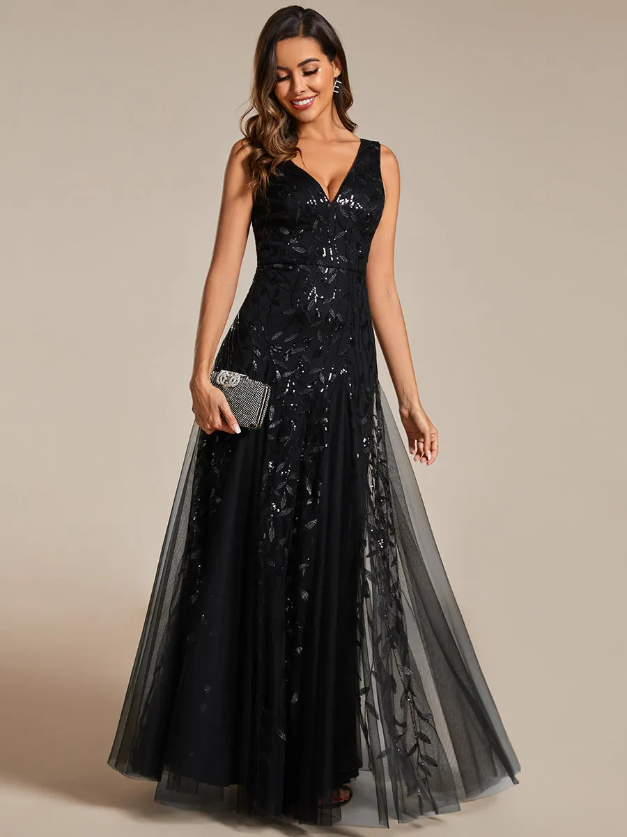 Shiny V-Neck Sequin Sleeveless Evening Dress with Tulle