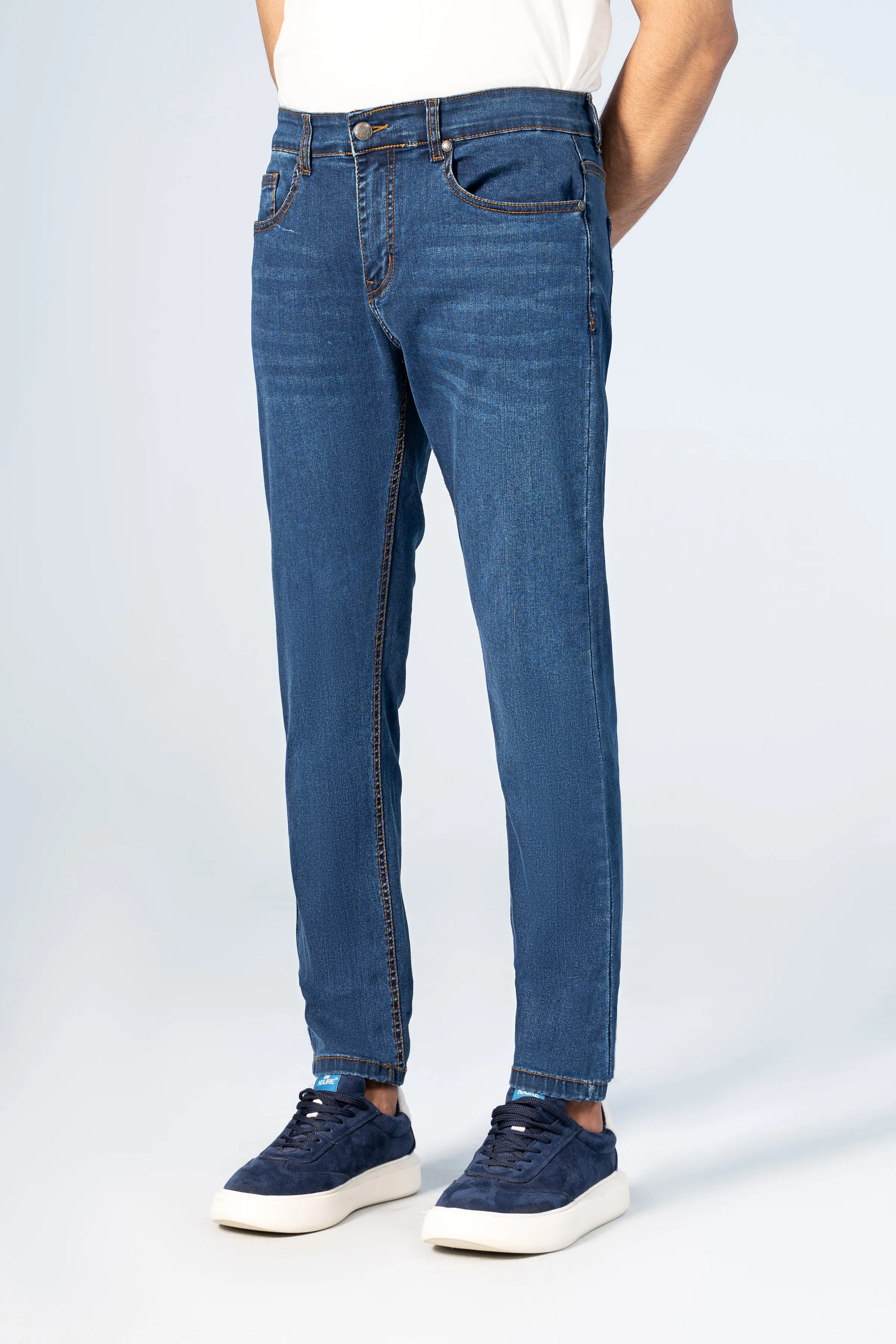 SLIM LEG DENIM JEANS D.BLUE WHISKERED