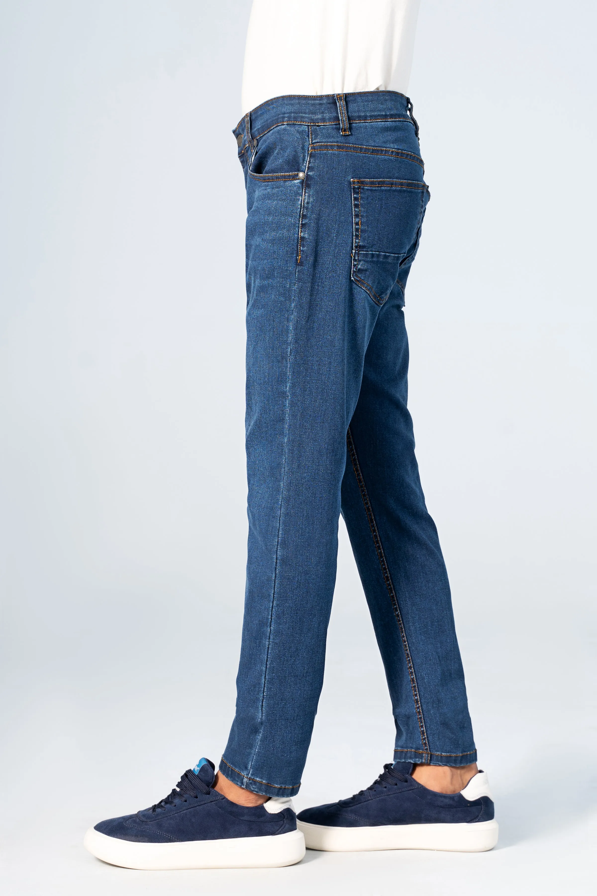 SLIM LEG DENIM JEANS D.BLUE WHISKERED