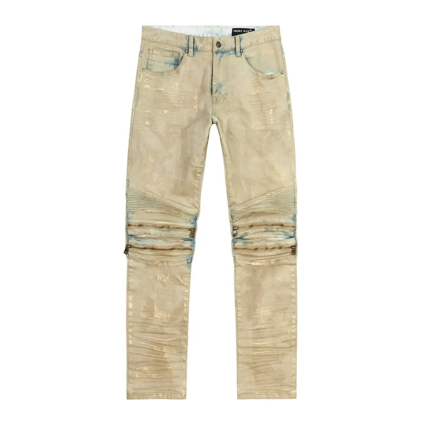 Slim Waxed Zipper Moto Jeans - Hazelnut