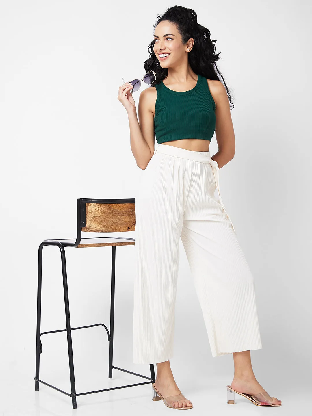 Spykar High Rise Wide Leg White Knits Pant For Women