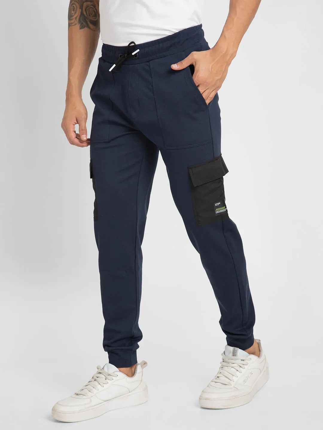 Spykar Men Navy Blue Melange Slim Fit Ankle Length Blended Jogger Trackpant