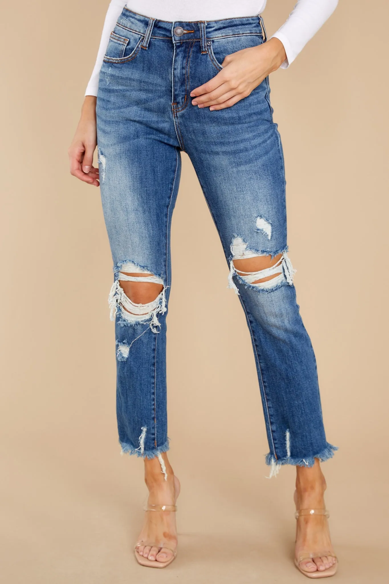 Treat Yourself Medium Wash Distressed Straight Jeans