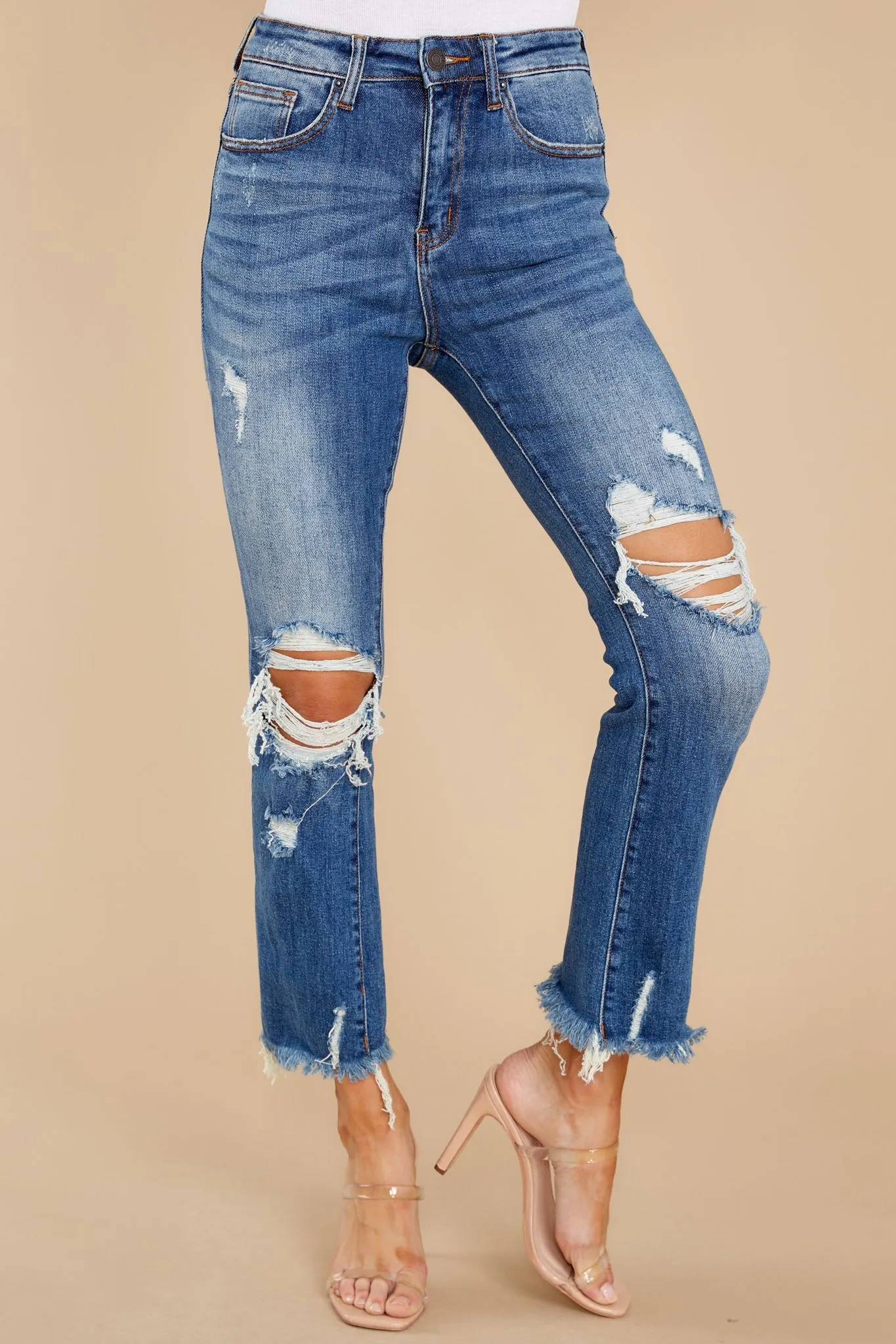 Treat Yourself Medium Wash Distressed Straight Jeans