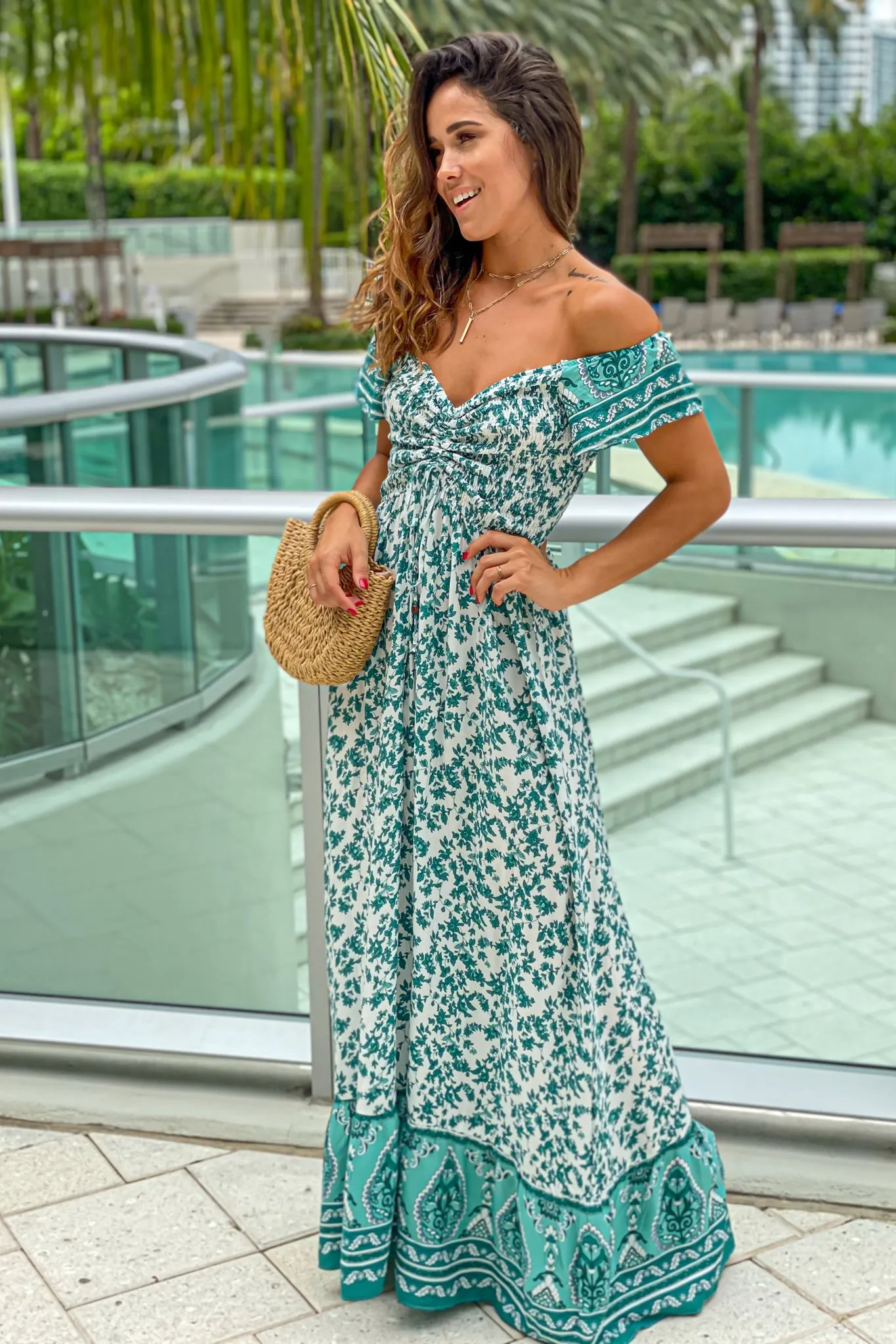 White And Green Off Shoulder Printed  Maxi Dress