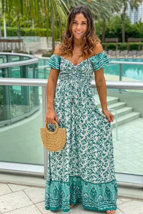 White And Green Off Shoulder Printed  Maxi Dress