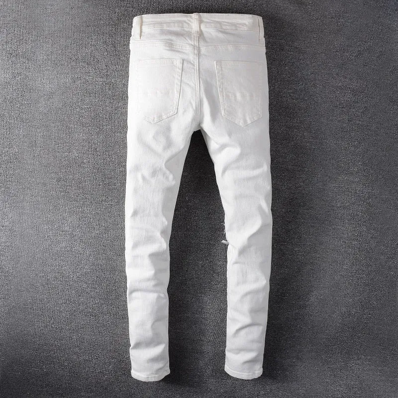 White crystal distressed rhinestone denim pants