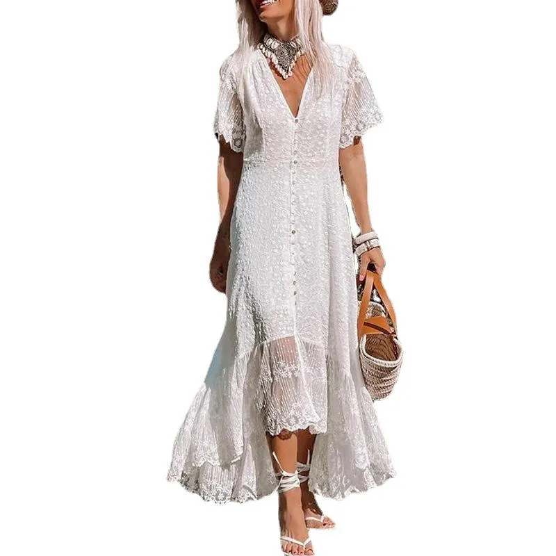 White V Neck Short Sleeves Dresses